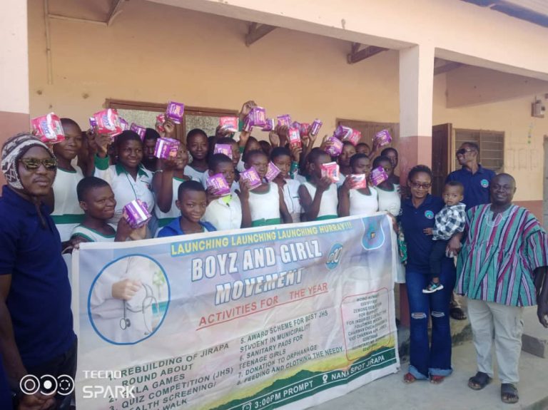 JIRAPA BOYS AND GIRLS MOVEMENT DONATES SANITARY PADS TO SELECTED SCHOOLS IN THE JIRAPA MUNICIPALITY.
